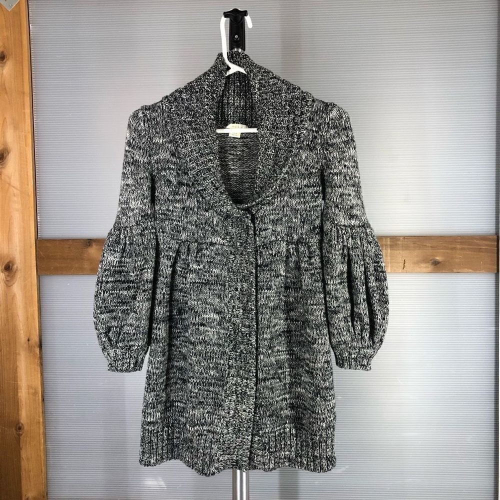 Anthro MAIKO Black White Knit Boho SnapButton Balloon Sleeve Cardigan Coat Sz XS